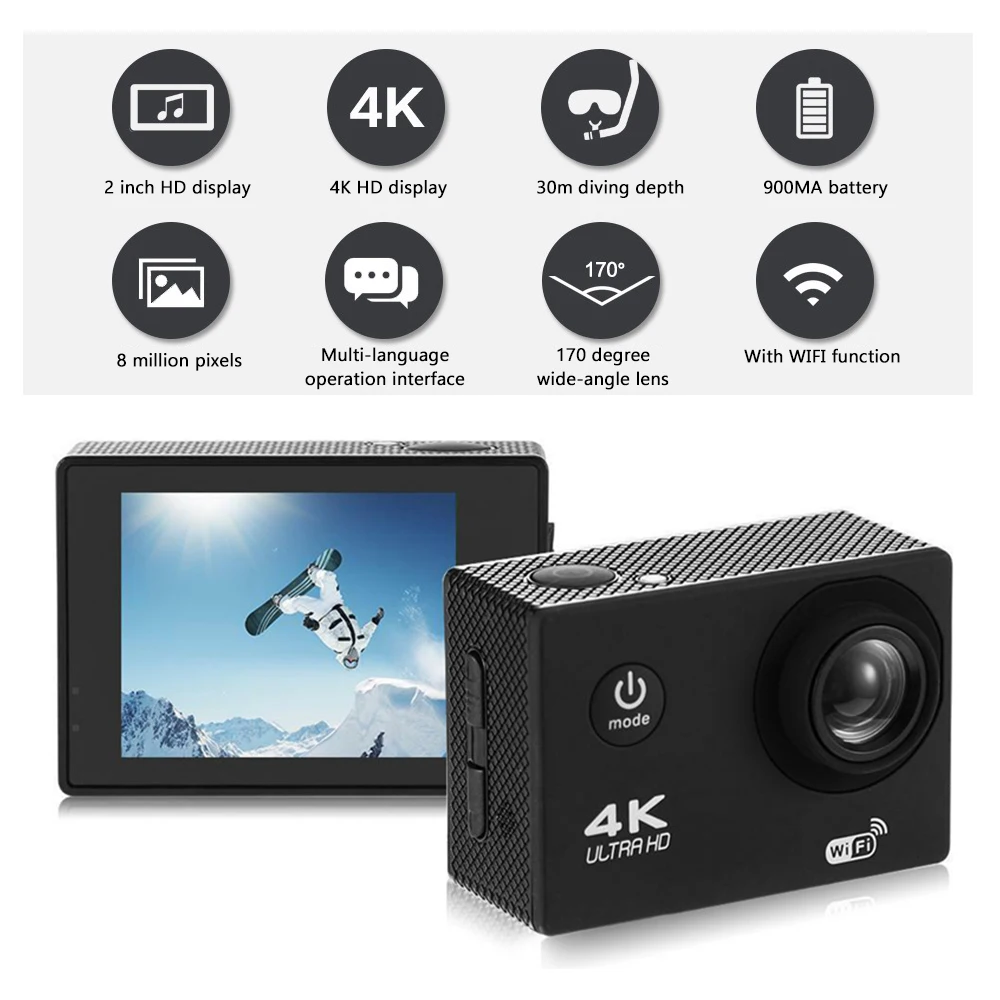 4K WiFi Спортивная камера 720P HD Экшн Водонепроницаемая видеокамера 5 Мп 170 градусов