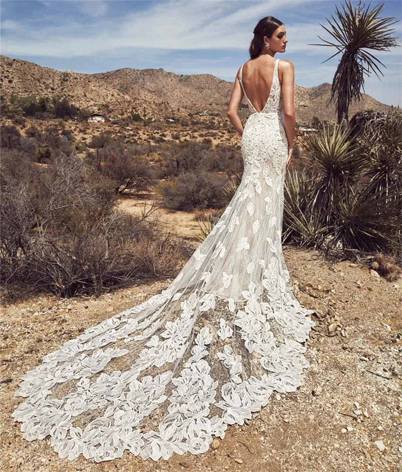 Robe De Mariee романтическое кружевное свадебное платье русалки в стиле бохо сексуальное свадебное платье с открытой спиной и длинным шлейфом
