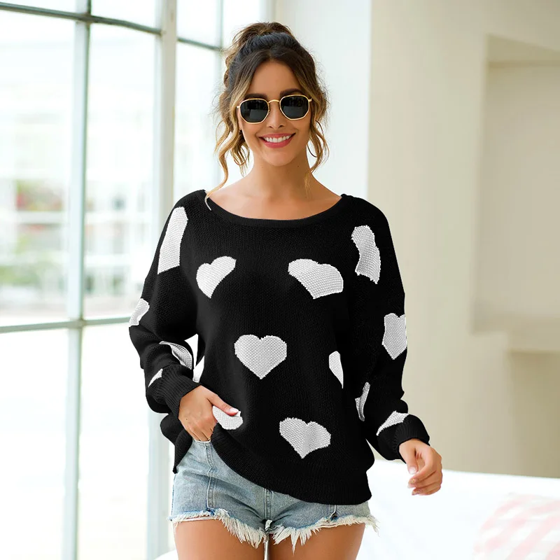 2019 Autumn Winter Fashion Womens Long Sleeve Round Neck Heart-shape Print Backless Sweater Casual Pullover Pull Femme | Женская одежда
