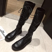 Женские сапоги из эластичной ткани; высокие сапоги с круглым носком на шнуровке спереди; сапоги до колена в римском стиле на низком каблуке; chaussures femme