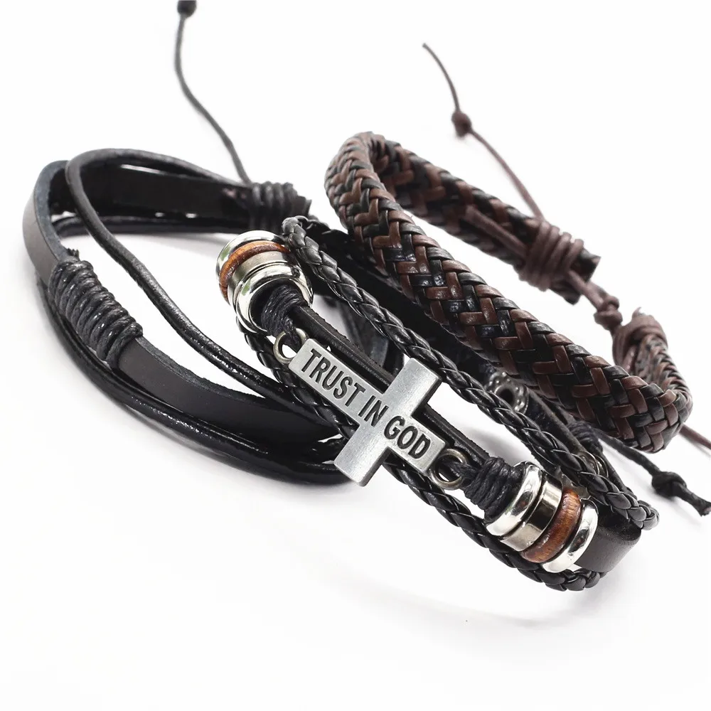 Leather Bracelets 3 Pcs/Set Men Bangles For Women Wood Beads Feather TRUST IN GOD Cross Charm Homme Gift Jewelry Freely Shipping bracelet jewelry