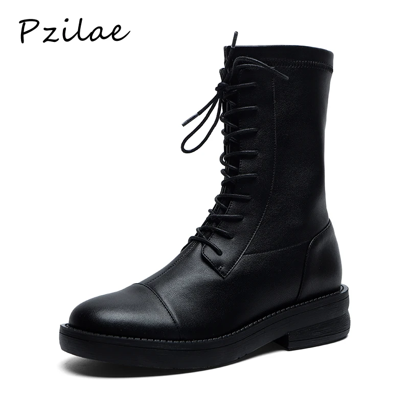 

Pzilae handmade genuine leather boots women square heels comfortable riding boots cross tied fashion ankle boots for women party