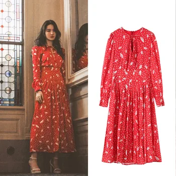 

New like red sleeve cultivate morality show thin long knee length dress floral G0829 chiffon