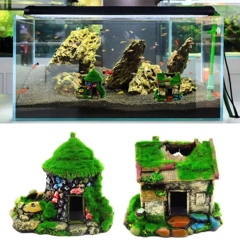 Aquarium Decorations Shrimp Fish Hideout House Betta Cave with Moss Resin Crafts