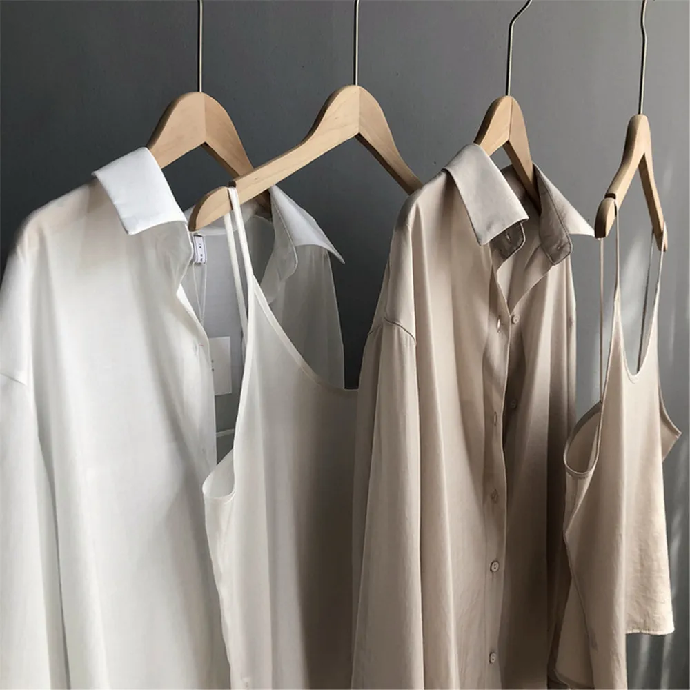 High quality 2pcs Women Blouse Shirt 2020 Summer Solid All match Satin Blouses Shirts Femal Blouse+halter tops Z1082 (8)