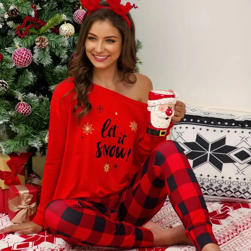 

Women Xmas Letter Print Off Shoulder Christmas Party Plaid Check Nightwear Pyjamas Loungewear Homewear Suit PJS