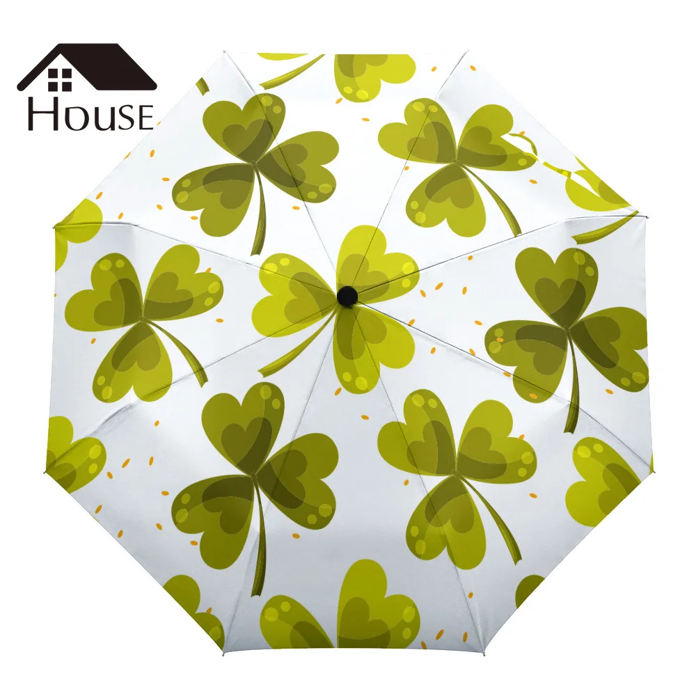 Yellow Green Clover Design Three-folding Umbrella Wind Resistant Folding Fully-automatic Sunny and Rainy |