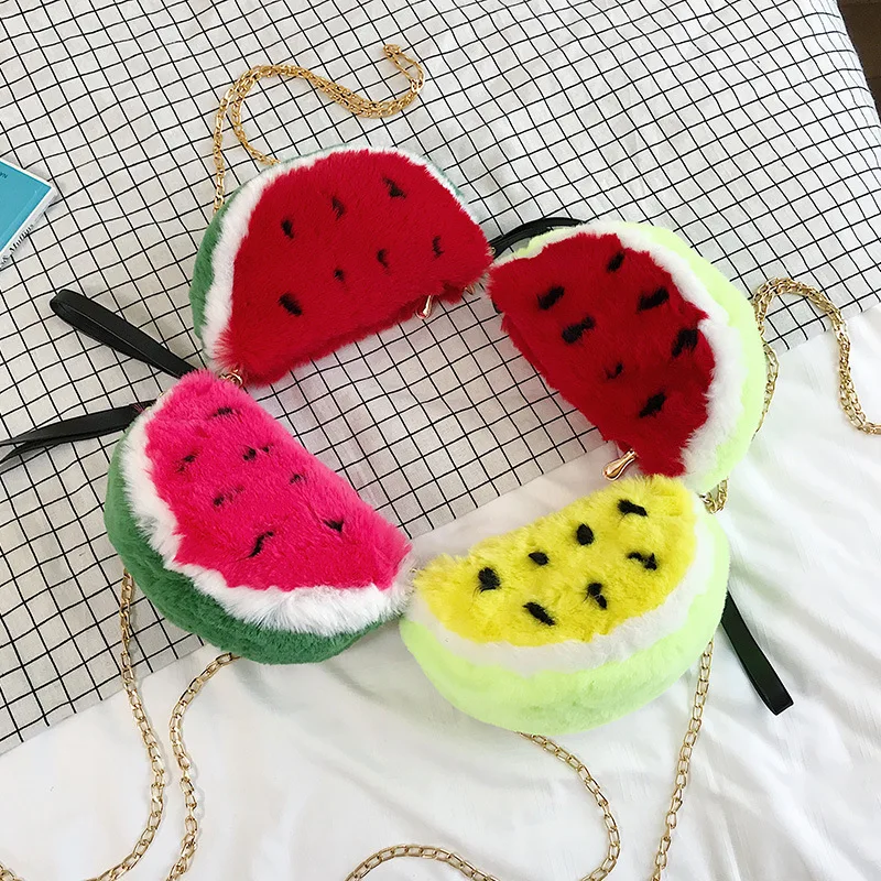 

2019 New Style Winter Plush Modeling Pillow Watermelon/Strawberry Shoulder WOMEN'S Bag