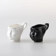 

2pc Creative Face Shape White and Black Coffee Mug Ceramic Exquisite Handle Matte Couple Cups for Office Home Table Decor Drink