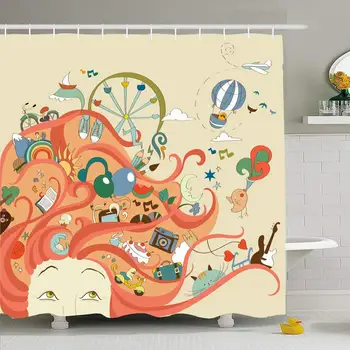 

Shower Curtain Set with Hooks 72x78 Ball Redhaired Rainbow Red Camera Girl Her Lifestyle Hair Dreams About Young Holiday Travel