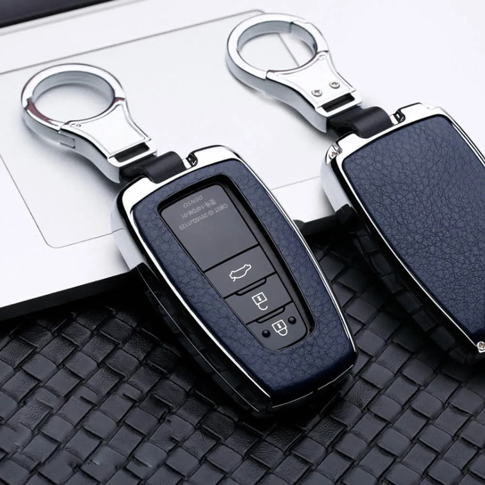 Silver Blue Автомобильный Galvanzed из алюминиевого сплава и кожаного брелка для ключей держатель чехол для Toyota CHR C-HR камера заднего вида Prius Corolla RAV4 2/3/4 кнопки - Название цвета: Silver Blue
