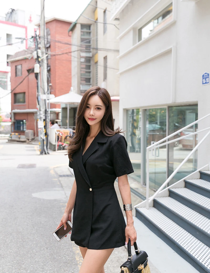 Nice New Casual Summer Solid Playsuit For Women Rompers Notched Sashes Playsuits Fashion Work Business Short Jumpsuit Female