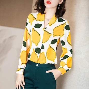 

Women Casual Print Chiffon Tops Blouses Office Lady Elegant V-neck Long Sleeve Spring Summer Autumn Female Shirts Blouse Fashion