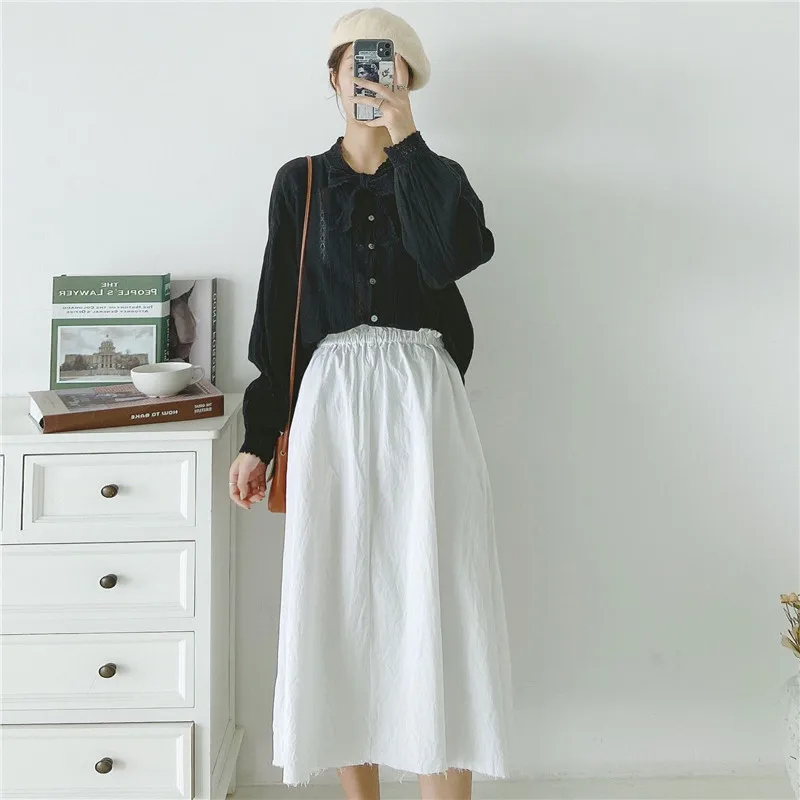 Johnature 2020 New Vintage Linen Bow Collar Hollow