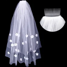 Двухслойная женская короткая свадебная вуаль из тюля с расческой, блестящие стразы, ткань с цветочной аппликацией, декоративная однотонная Фата для невесты