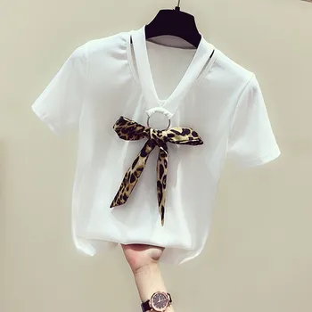 

2020 Summer New Leopard Silk Scarf Bow V-neck Halter Short-Sleeved T-shirt Women's Casual White Shirt Fashion Tees Students Tops