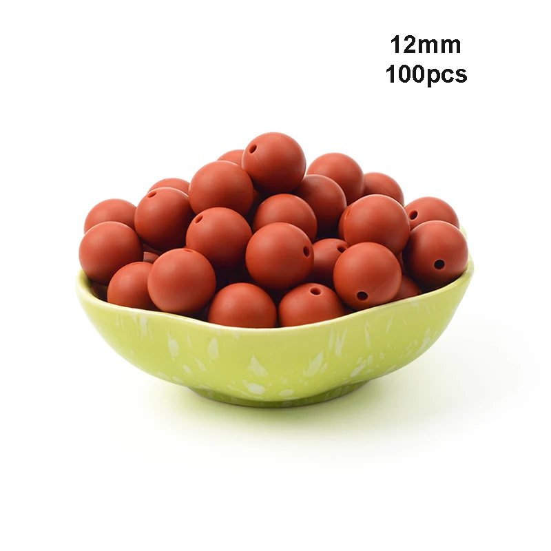 Brick red LOFCA 12 мм, 100 шт./лот, бусины из пищевого силикона, Прорезыватель для зубов, круглые бусины, Детская жевательная для прорезывания зубов, Силиконовые Прорезыватели для самостоятельного изготовления - Цвет: Brick red