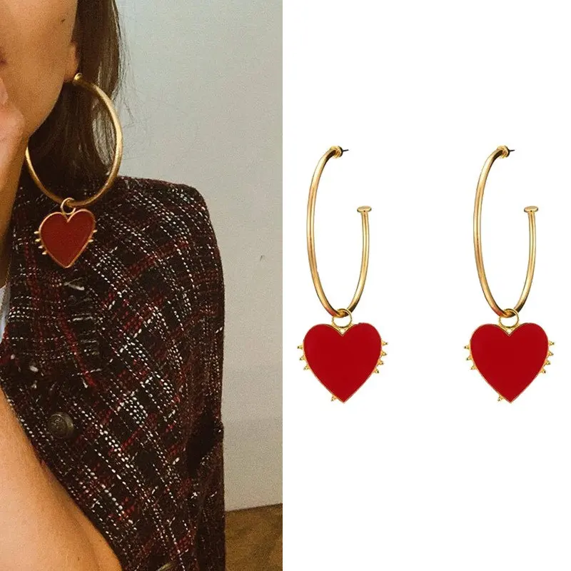 

AOMU 1Pair Vintage Metal Statement Earrings Gold Color Big Hollow Round Red Heart Circle Long Drop Earrings For Party Women Jewe