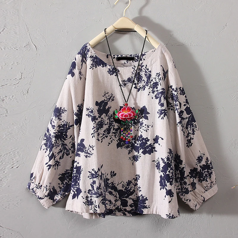 

Women Tops Shirts Vintage Boho Floral Long Sleeve Round Neck Loose Fashion big size m~3XL summer holiday boho blouse