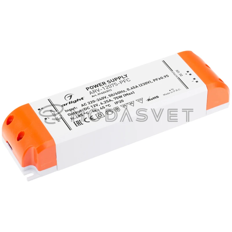 Блок питания ARV-12075-PFC (12V 6.25A 75W) ( IP20 Пластик 2 года) | Лампы и освещение