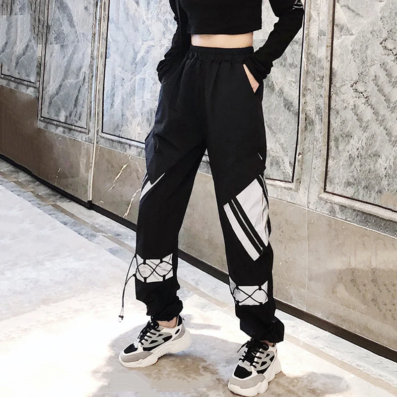 Women Harajuku Black High Waist Cargo Pants Reflective hip-hop Loose Solid Pockets Elastic Waist Trousers Bottoms