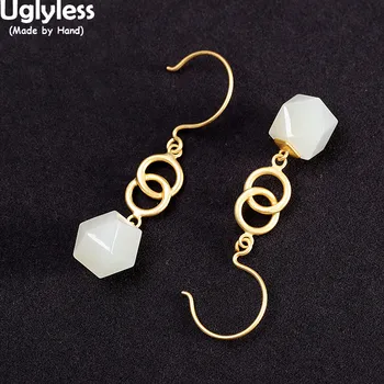 

Uglyless Multi Faceted Square Gemstones Earrings for Women Crosses Geometric Fashion jewelry Gold 925 Silver Hetian Jade Brincos