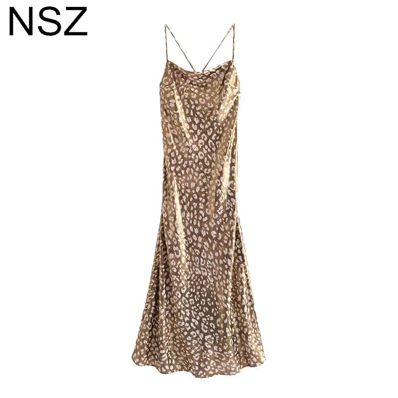 NSZ-vestido Sexy con estampado de leopardo para mujer, camisola sin mangas, abierto hacia atrás, tirantes finos, fiesta, Club nocturno, vestido de tirante de Midi