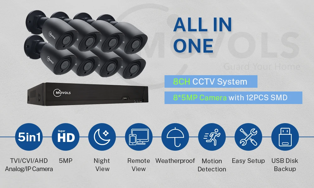 Sistema de Câmera Cctv à Prova Dvr ao ar Movols Segurança H.265 Livre Indoor Kit Vigilância Vídeo Visão Noturna Sistema Dwaterproof Água 5mp hd 8ch 2 Sistema de vigilância