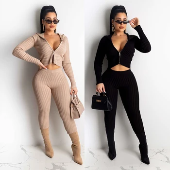 

TWO PIECE SET Sexy Crop Top Hoodie Long Pants Rib Tracksuit Women Knit Jacket Suit Slim Strech Lounge Wear 2 Piece Set Outfits