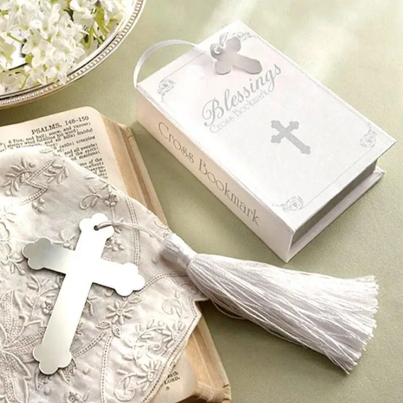 

Wedding Favors Blessings Silver Cross Bookmark with Tassel For Baby Shower Baptism Party Gifts LX7915