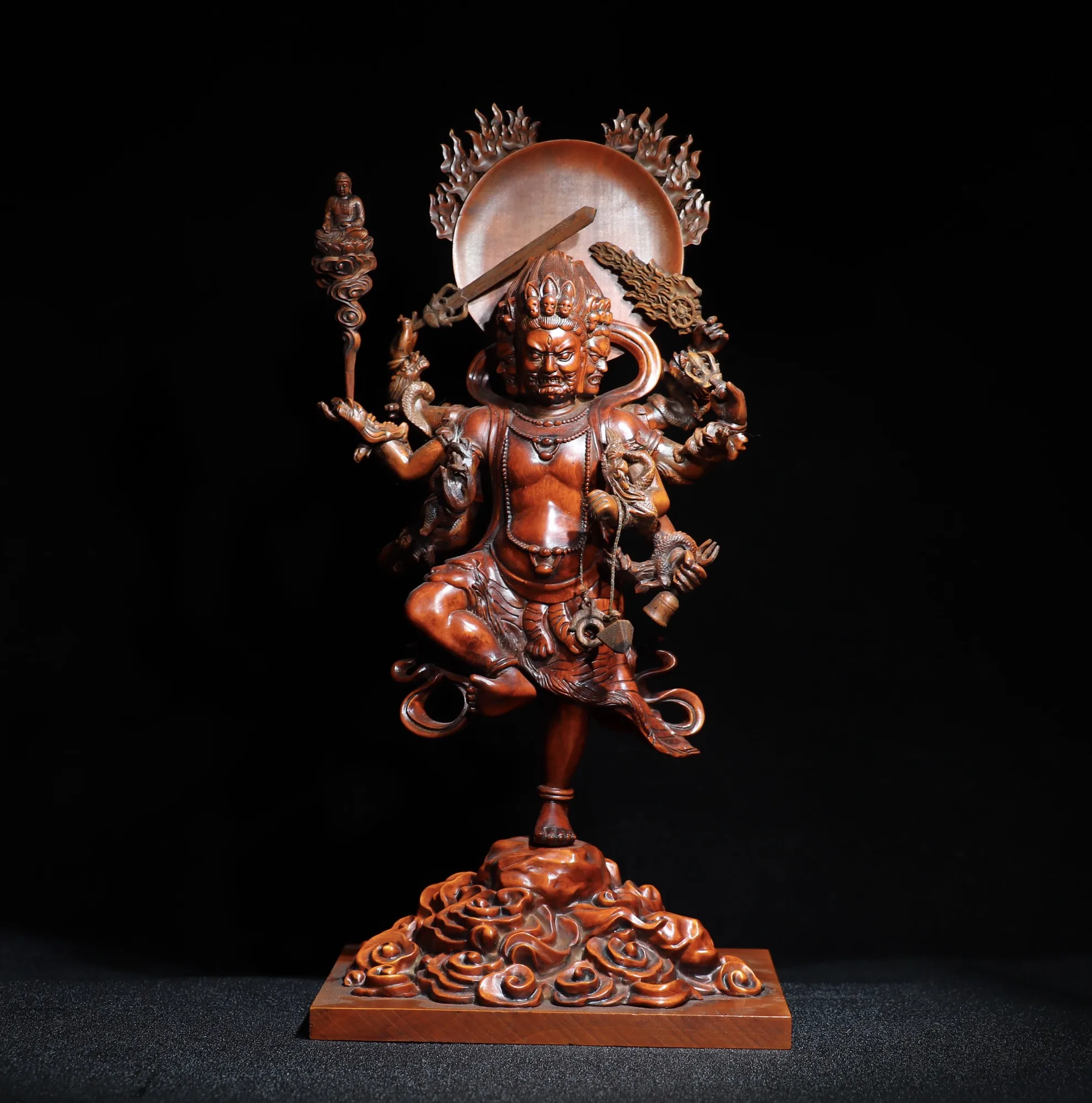 

12"Tibetan Temple Collection Old Boxwood Skull Three heads Eight arms Vajra Buddha Mahakala Backlight Town House Exorcism