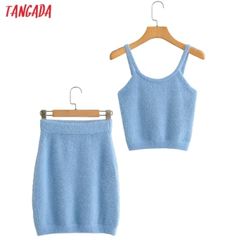 

Tangada 2020 Women tracksuit sets sexy blue crop top skirt suit 2 pieces sets knit top skirt set JA516