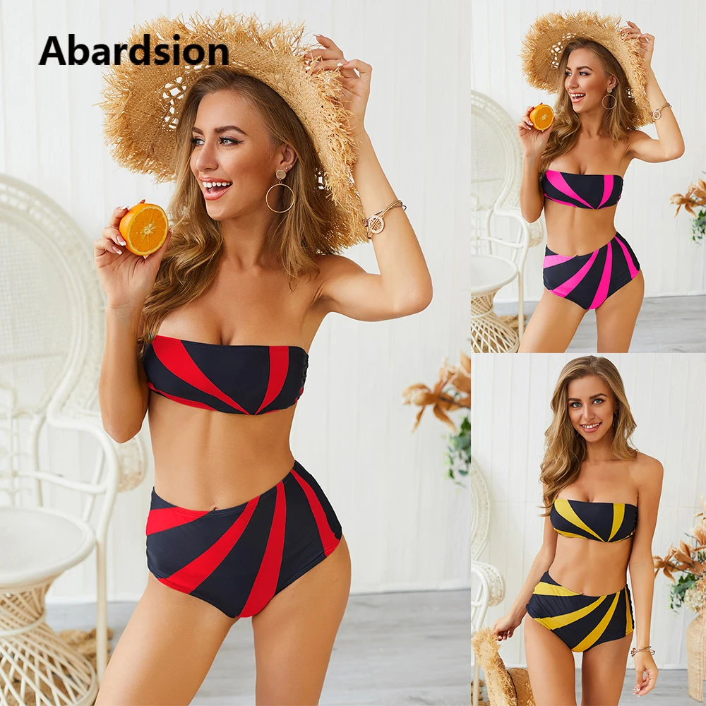 Abardsion, 2 предмета, полосатый купальник, топ-труба, купальник для женщин, танкини, купальник,, пуш-ап, высокая талия, сексуальный купальник