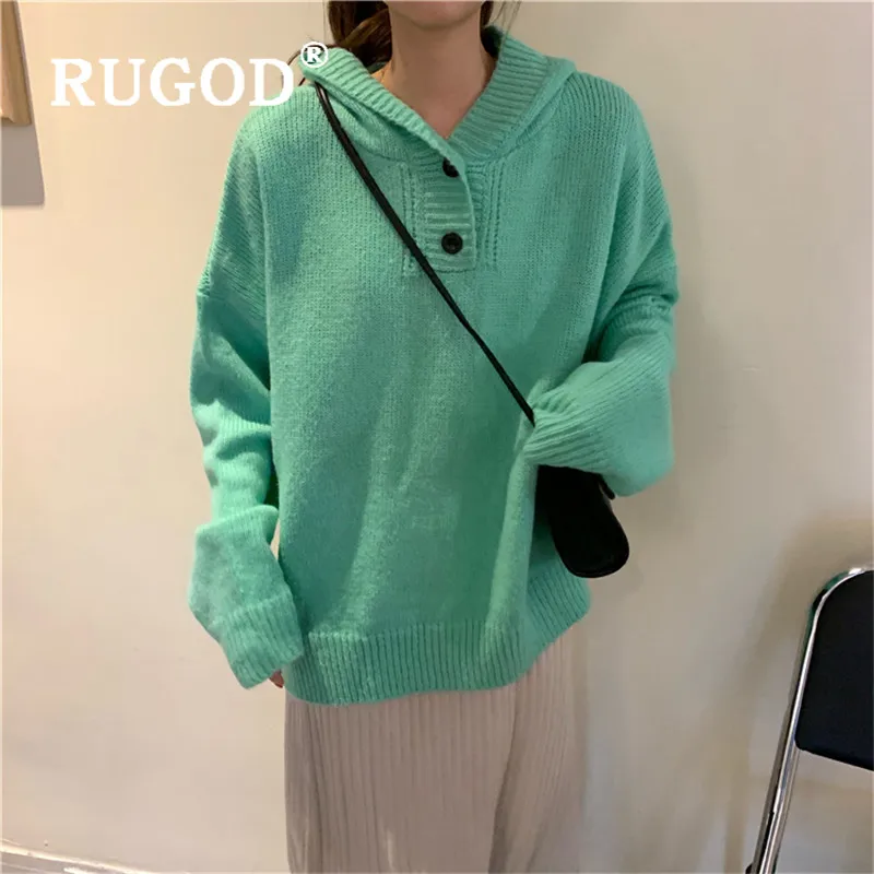 RUGOD корейский новый стиль Шикарный карамельный цвет свитер с капюшоном размера плюс милый пуловер Зимние Топы для женщин Мода 2019