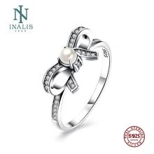 INALIS, Настоящее серебро 925 пробы, бант-бабочка, кольцо с жемчугом, микро CZ, прозрачный цвет, женские свадебные ювелирные изделия