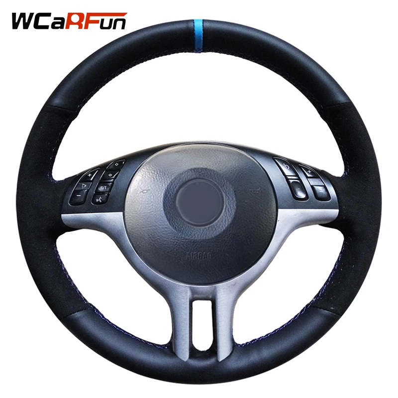 WCaRFun Hand-Stitched Genuine Leather Black Suede Blue Marker Car Steering Wheel Cover for BMW E46 325i E39 E53 X5 | Автомобили и