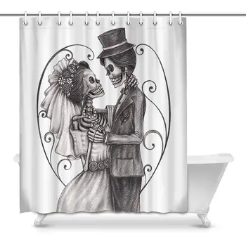

Halloween Decor Love Valentine's Skull Skeleton Marriage Home Decor Waterproof Polyester Fabric Shower Curtain Bathroom Sets