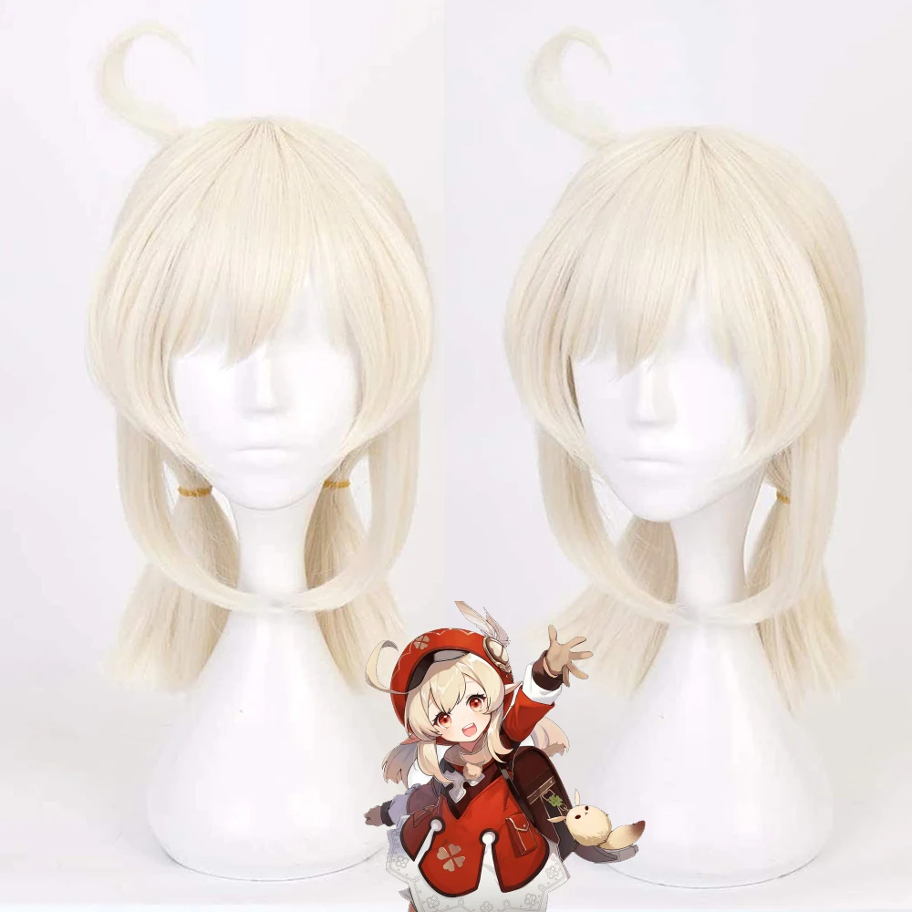 Game Genshin Impact Klee Wig Cosplay Halloween Wigs Ponytails Women Beige Wig Heat Resistant Synthetic Hair