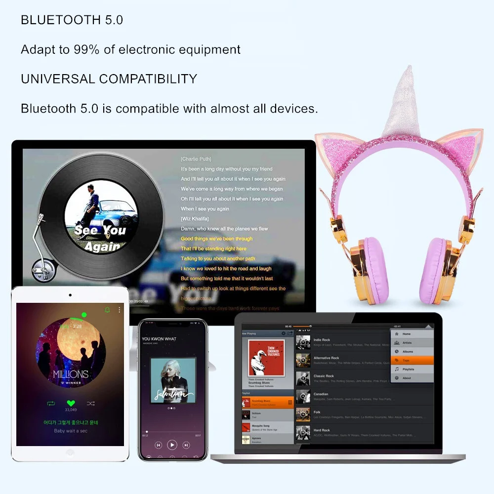 Bluetooth Cute Unicorn Wireless Head Mounted Headphones Girls Kids Cartoon Stereo Headset Microphone Learning Headset