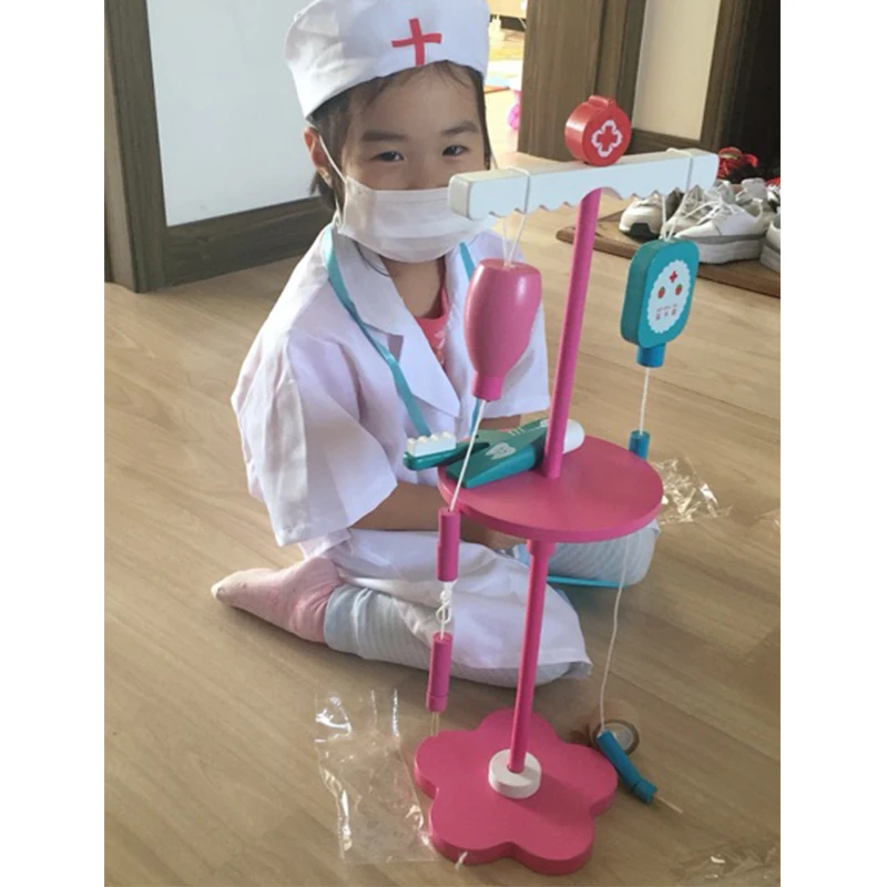 Children's wooden toys real life role playing doctor nurse games toys drip rack doctor accessories girls injection games