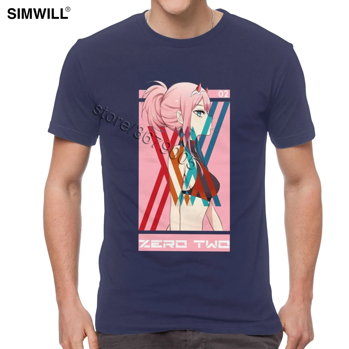 Футболка Darling In The Franxx, мужская, хлопок, Zero Two, футболки, короткий рукав, круглый вырез, модная, аниме, веер, футболка - Цвет: Тёмно-синий