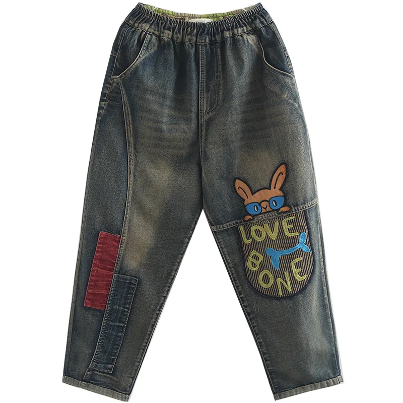 

OMIKRON Fashion Women Casual Vintage Retro Cartoon Embroidery Patchwork Elastic High Waist Loose Denim Jeans Harem Pant Trousers