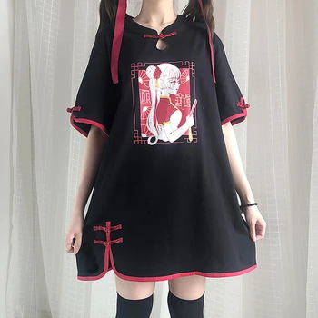 

Chinese Ancient Style Split Short Sleeve T-shirt Oversize Tee Japanese Soft Girl Anime Harajuku Loose Vintage Printed Tops