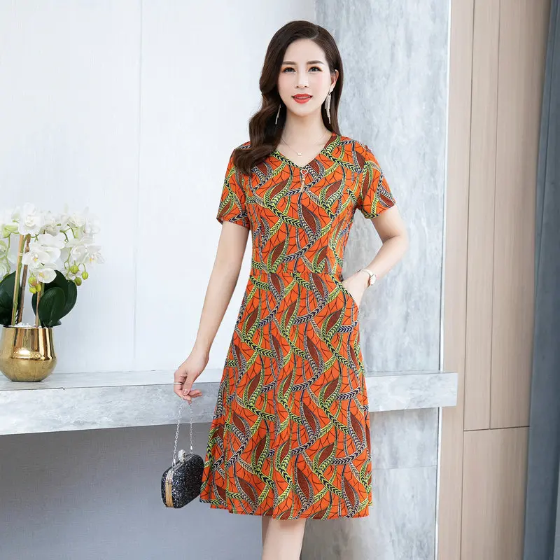 

Woman Summer Dress Red Blue Yellow Purple Flower Short Sleeve V-neck Shift Straight One Piece Dresses Foe Women 2020 New Arrival
