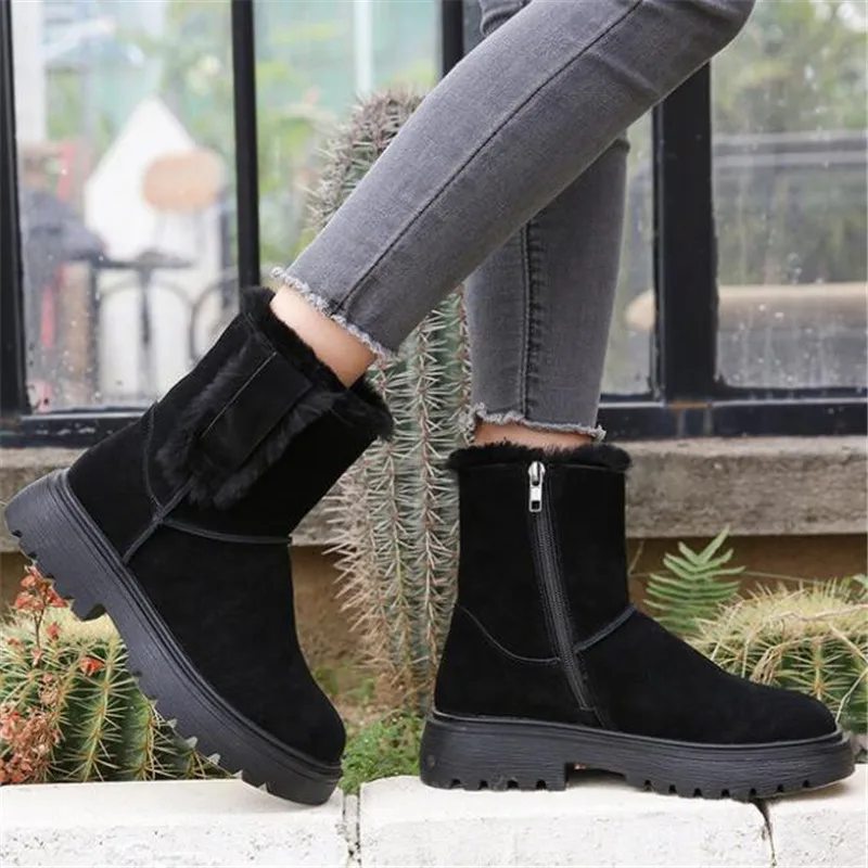 New Matte Cowhide Thick Wool Boots Women Warm Shoes Snow Boots Non-slip Gray Black Shoes Leather Boots Winter Shoes Woman Boots