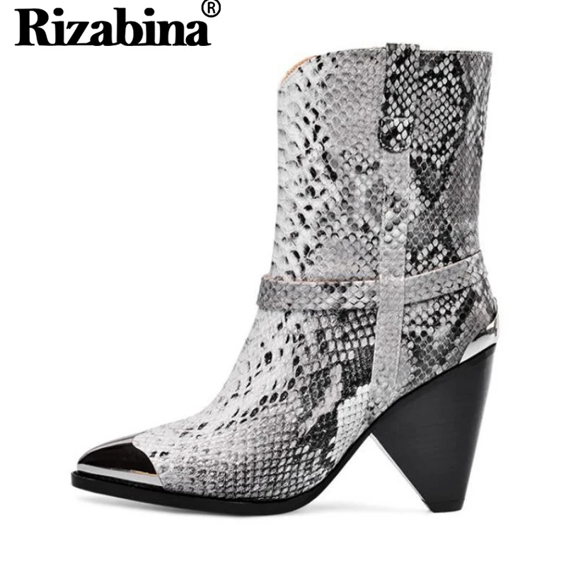 

RizaBina Women Real Leather Mid Calf Boots For Women Pointed Toe Footwear Winter Snakeskin Pattern Boots Women Size 33-43