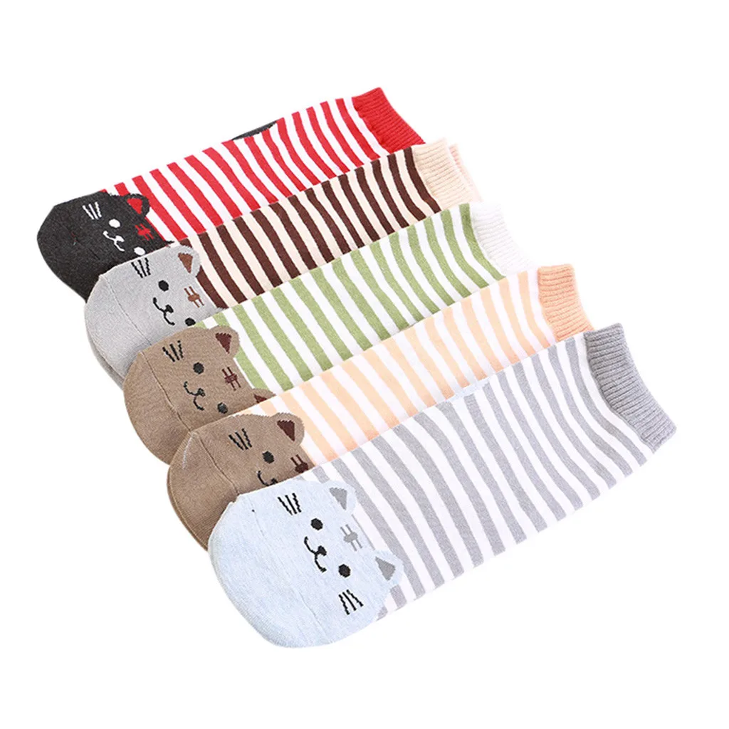 Женские носки, 5 шт. носки для девочек с забавным котом Милые Носки с рисунком в полоску Теплые мягкие носки на осень и весну носки-тапочки#4