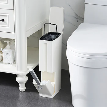 

Plastic trash can storage box household toilet slit narrow rectangular small paper basket with lid toilet brush one ZP5151420