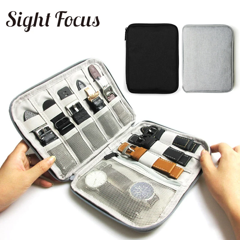 Multifunction Portable Watch Strap Organizer Watch Band Box Storage Bag Watchband Holder Travel Case Pouch Gray Black