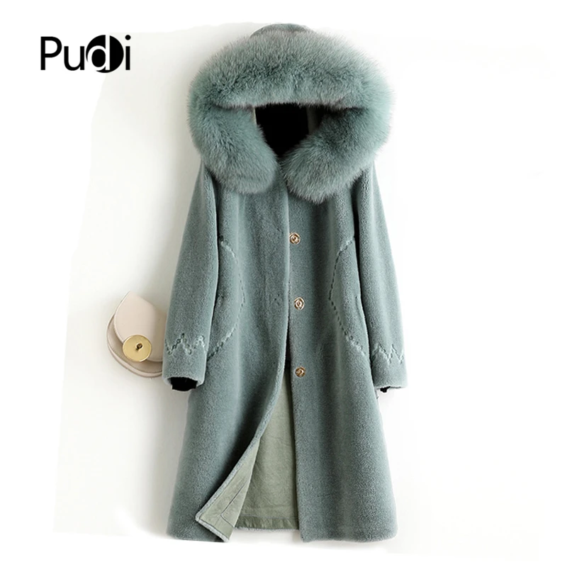 

Aorice women real wool fur coat jacket trench winter warm female sheep shearing over size parka with real fox fur hood A50059